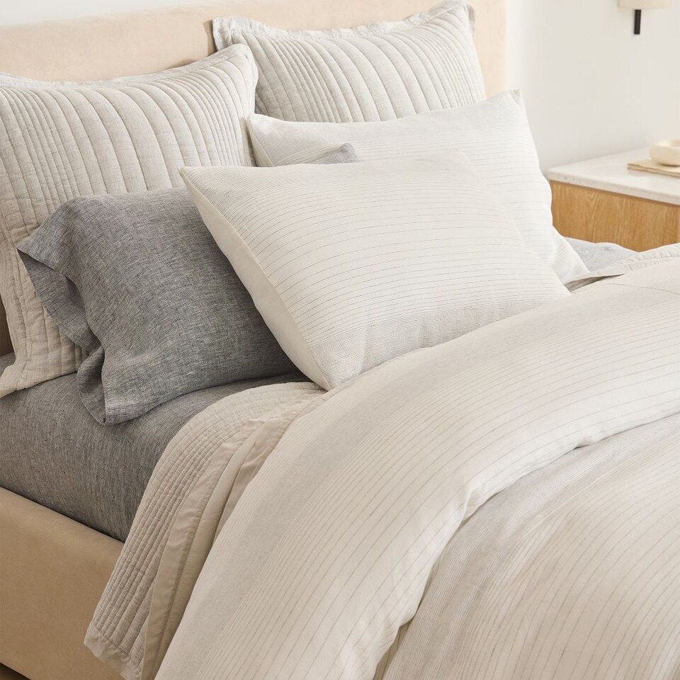 European Flax Linen Linework Coverlet, Queen, White West Elm Australia